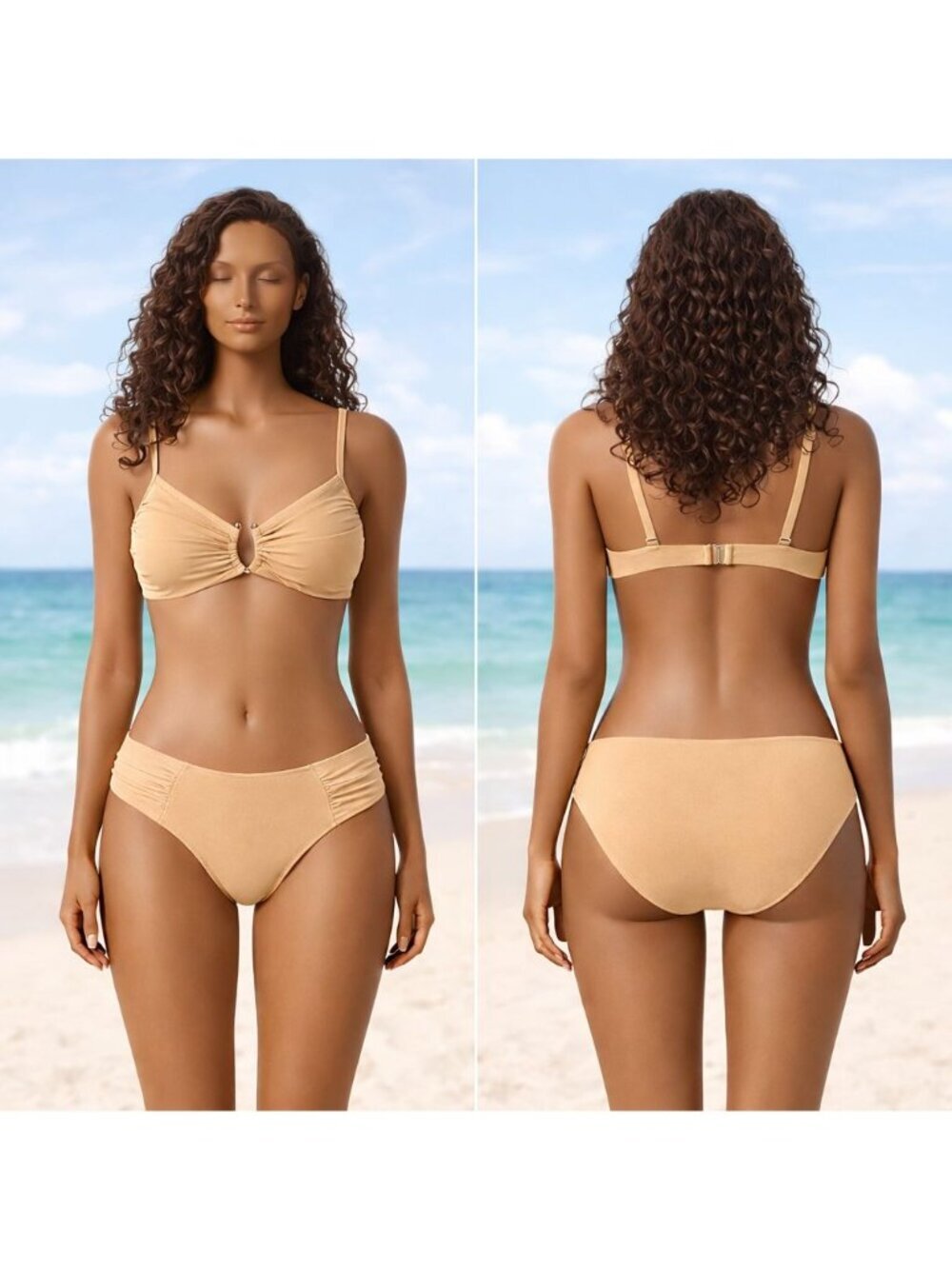 A15 🆕Small Apricot Ring Linked Ruched Adjustable Strap High Cut Bikini Set NWOT